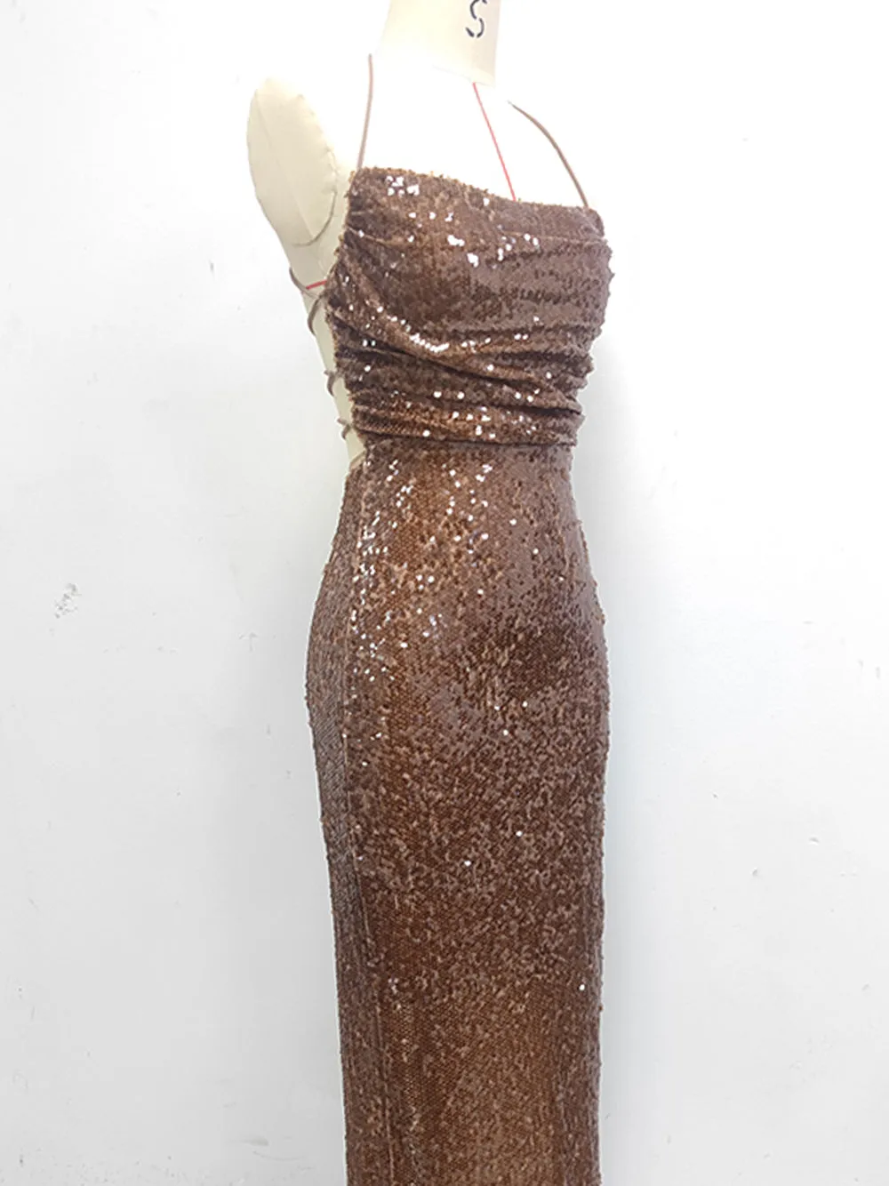 VESSAI Sequins Maxi Dress in Brown