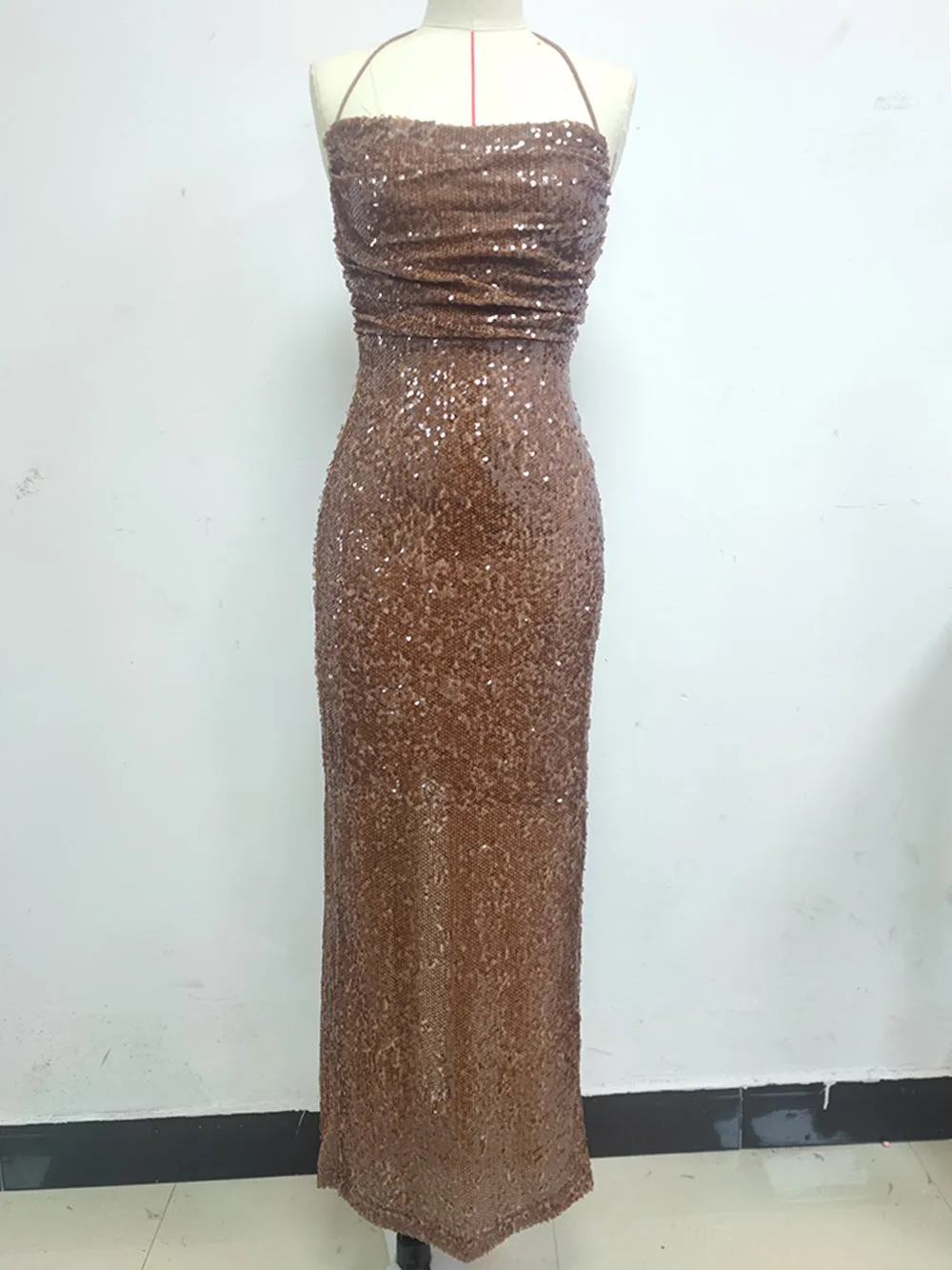 VESSAI Sequins Maxi Dress in Brown