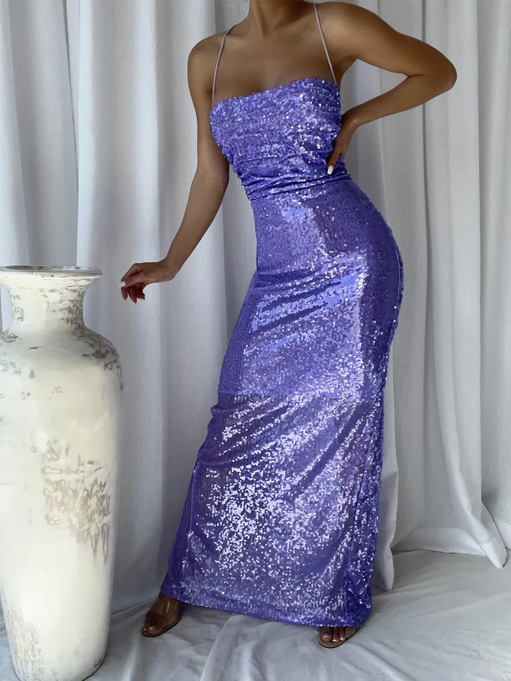 VESSAI Sequins Maxi Dress in Purple