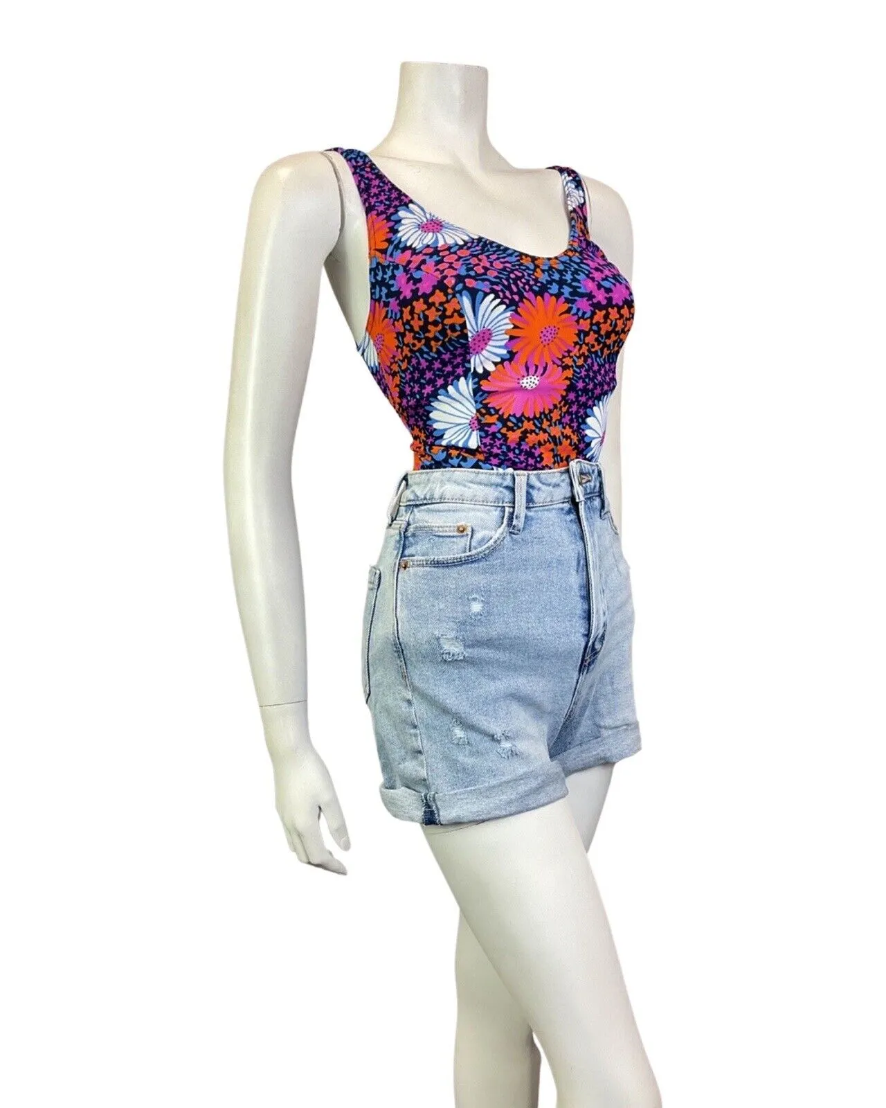 VINTAGE 60s 70s BLUE PINK ORANGE FLORAL DAISY PSYCHEDELIC SWIMSUIT 10 12