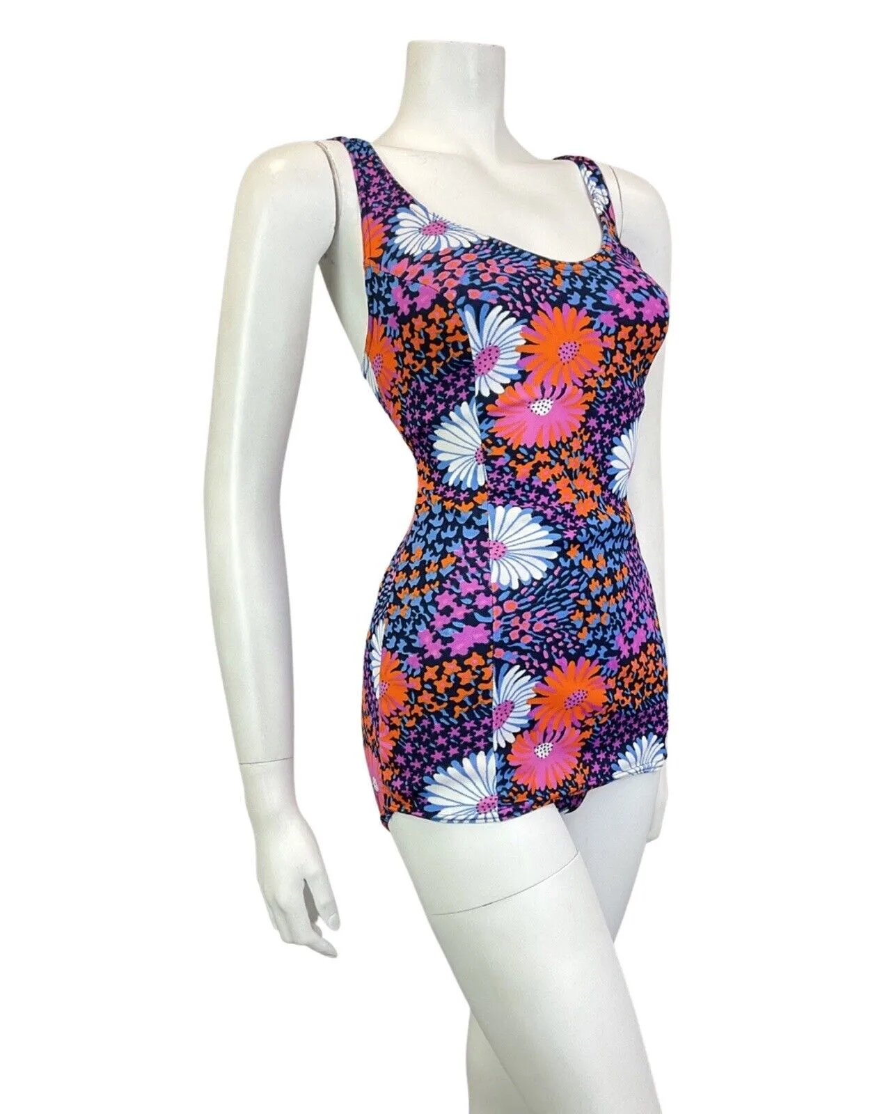 VINTAGE 60s 70s BLUE PINK ORANGE FLORAL DAISY PSYCHEDELIC SWIMSUIT 10 12