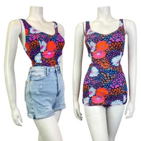 VINTAGE 60s 70s BLUE PINK ORANGE FLORAL DAISY PSYCHEDELIC SWIMSUIT 10 12