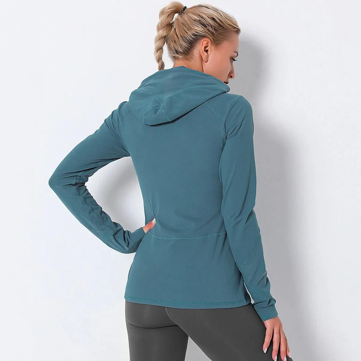 Women Autumn Zipper Design Long Sleeve Gym Fitness Running Jogger Outfit With Hood