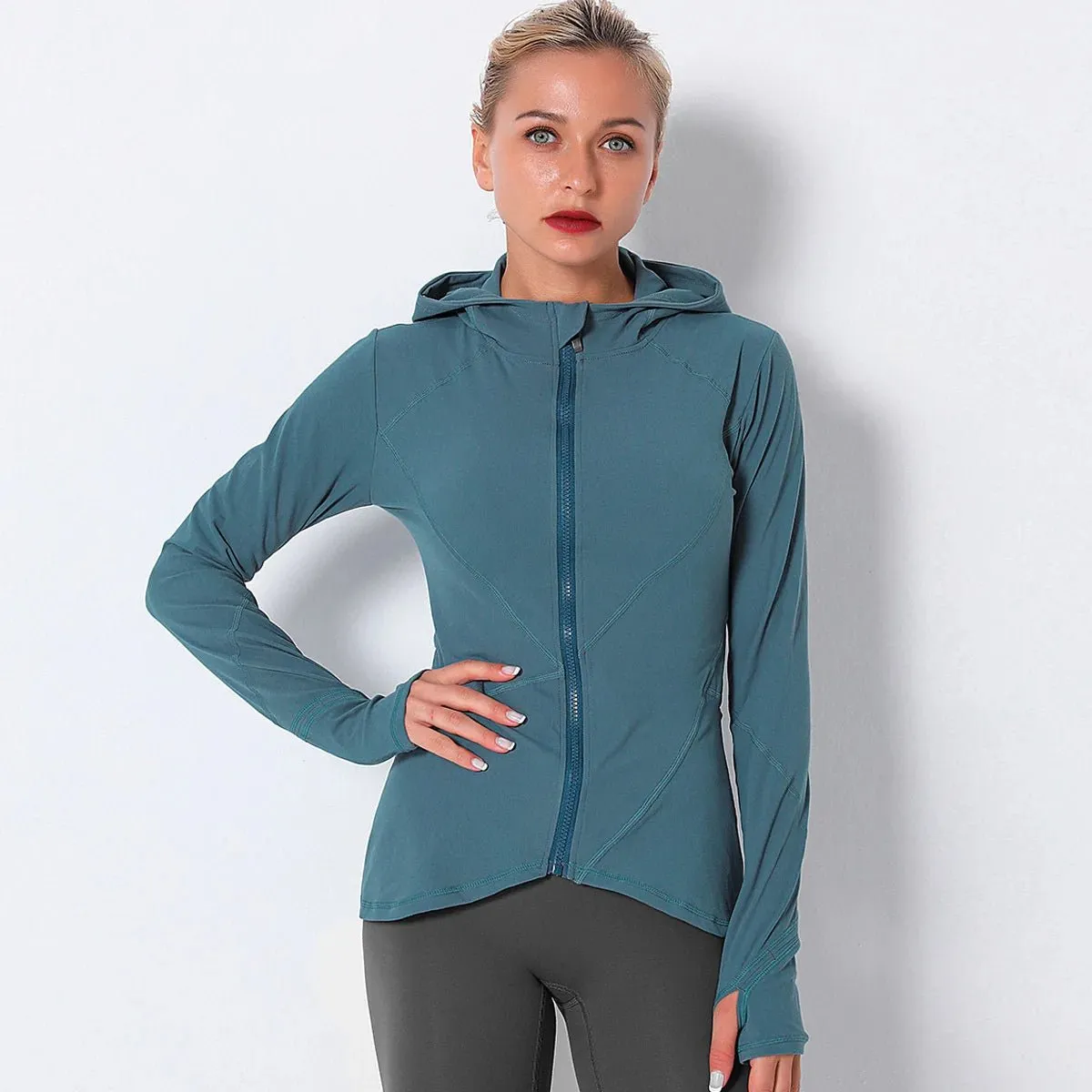 Women Autumn Zipper Design Long Sleeve Gym Fitness Running Jogger Outfit With Hood