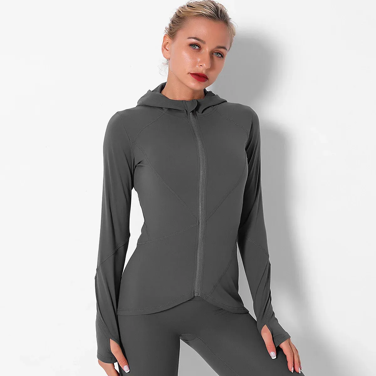 Women Autumn Zipper Design Long Sleeve Gym Fitness Running Jogger Outfit With Hood