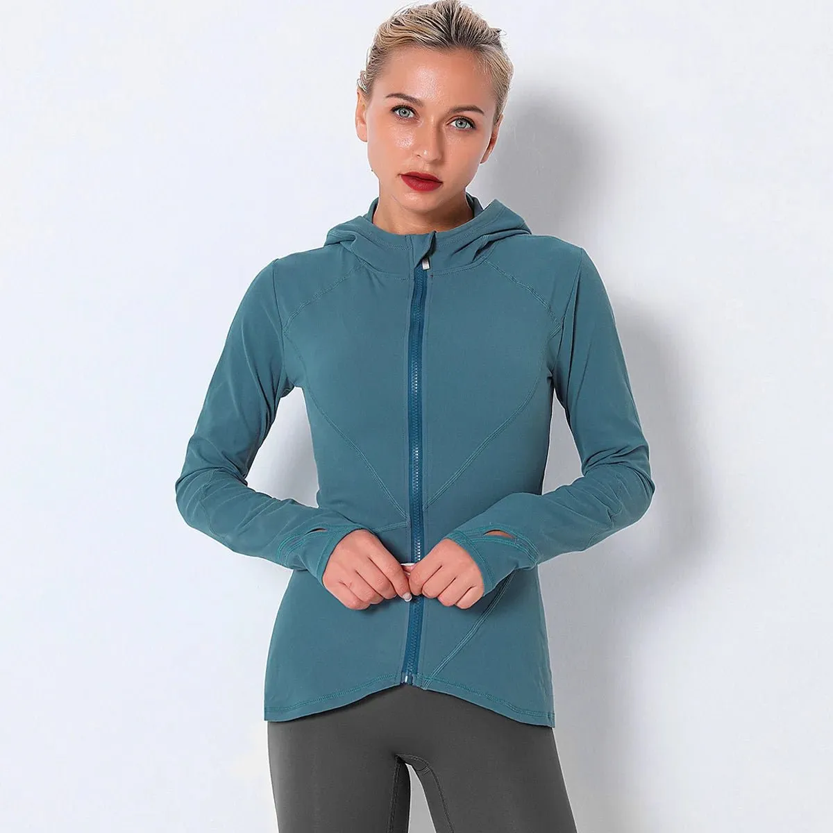 Women Autumn Zipper Design Long Sleeve Gym Fitness Running Jogger Outfit With Hood