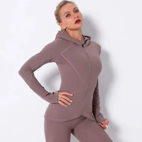 Women Autumn Zipper Design Long Sleeve Gym Fitness Running Jogger Outfit With Hood