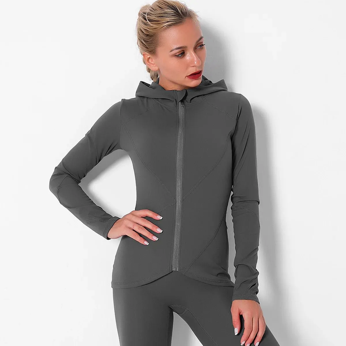 Women Autumn Zipper Design Long Sleeve Gym Fitness Running Jogger Outfit With Hood