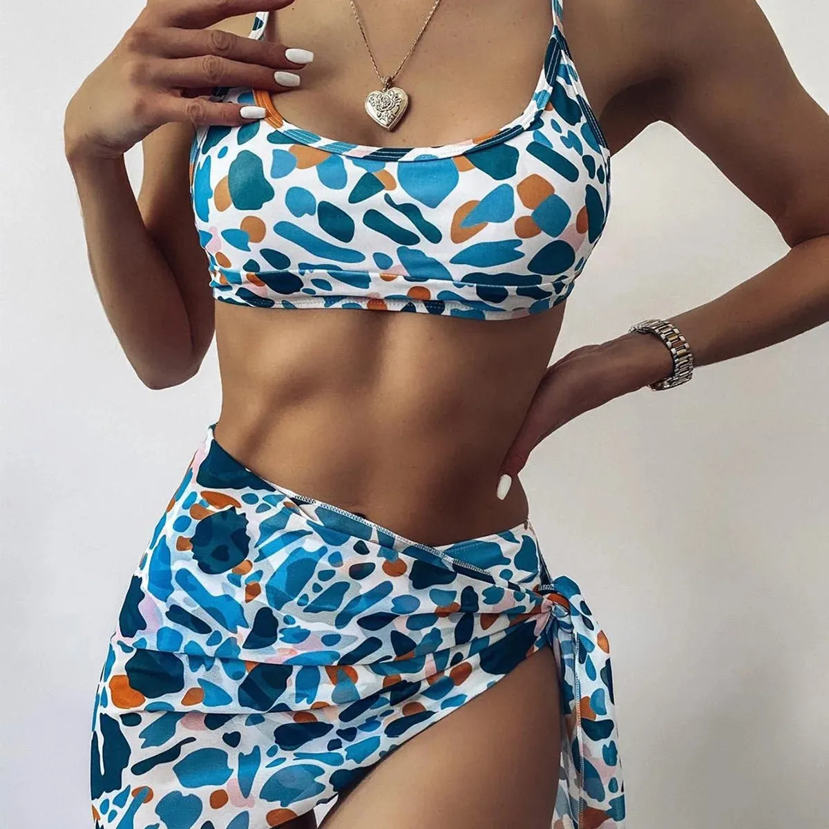 Women Swimwear High Waist Halter Logo Printed Swimwear in Turkey 3 Piece Bikini New Print Lace Up Swimsuit Cover Up