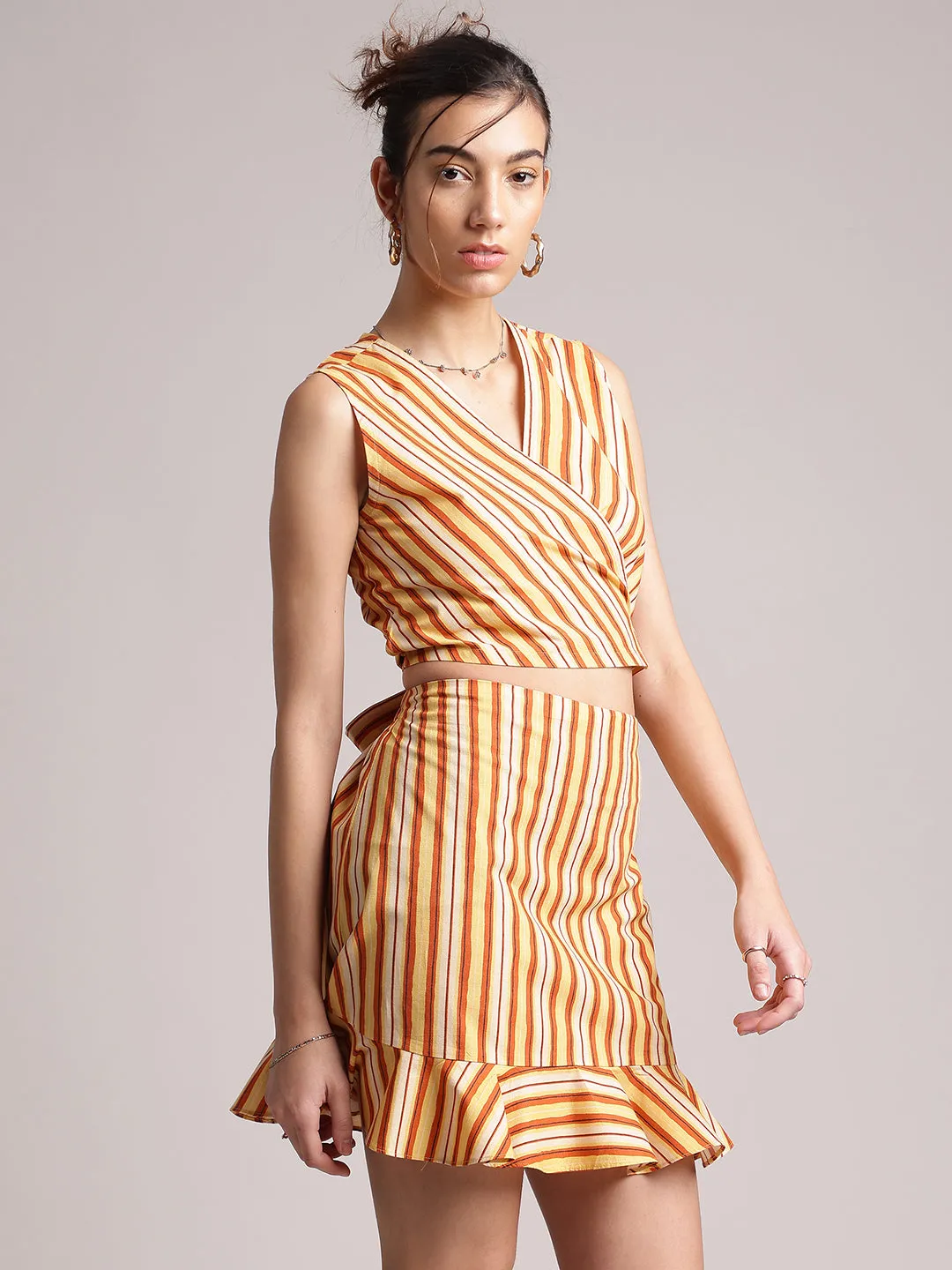 Yellow Cotton Striped Wrap Co-Ord Set