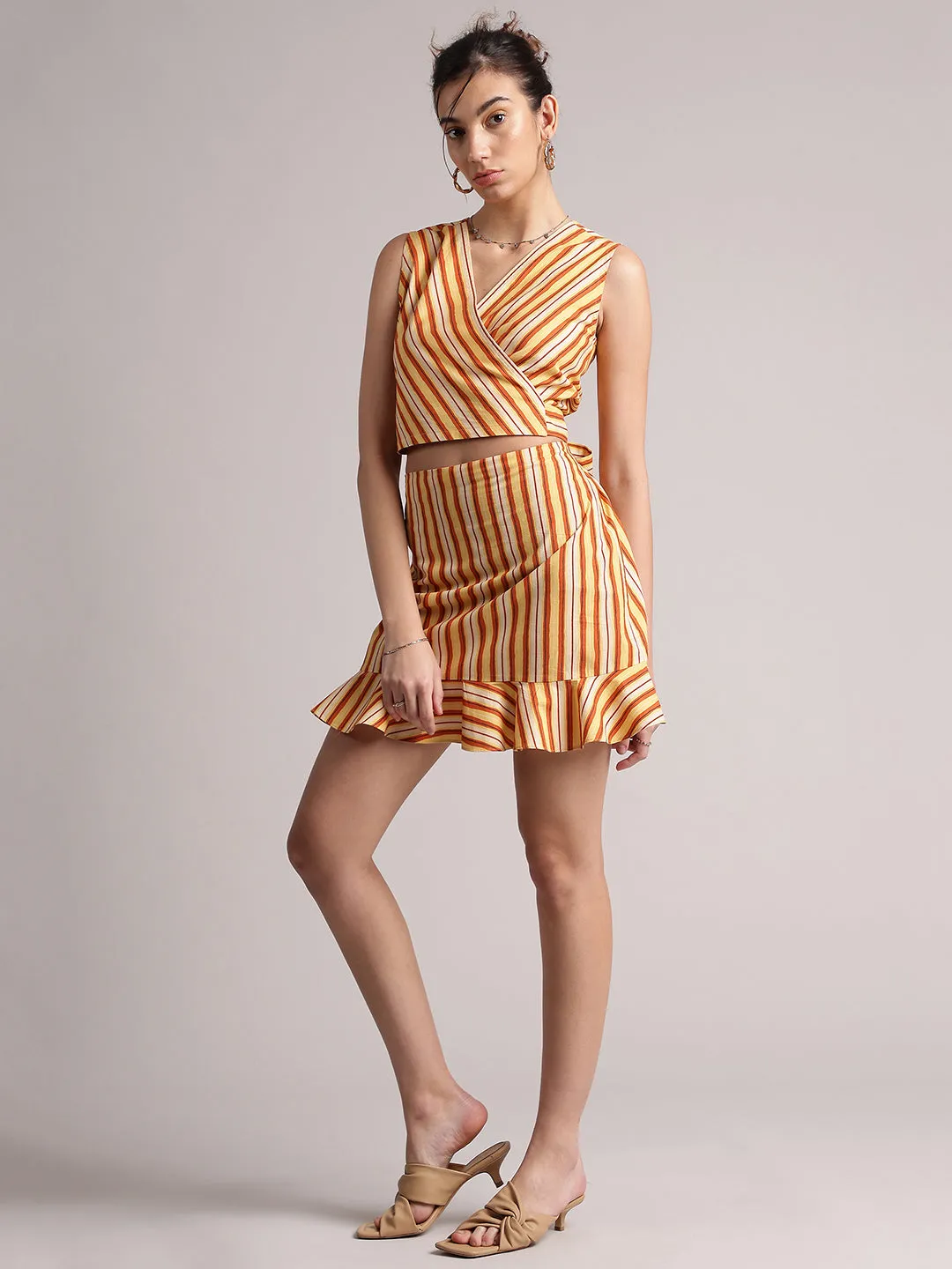 Yellow Cotton Striped Wrap Co-Ord Set