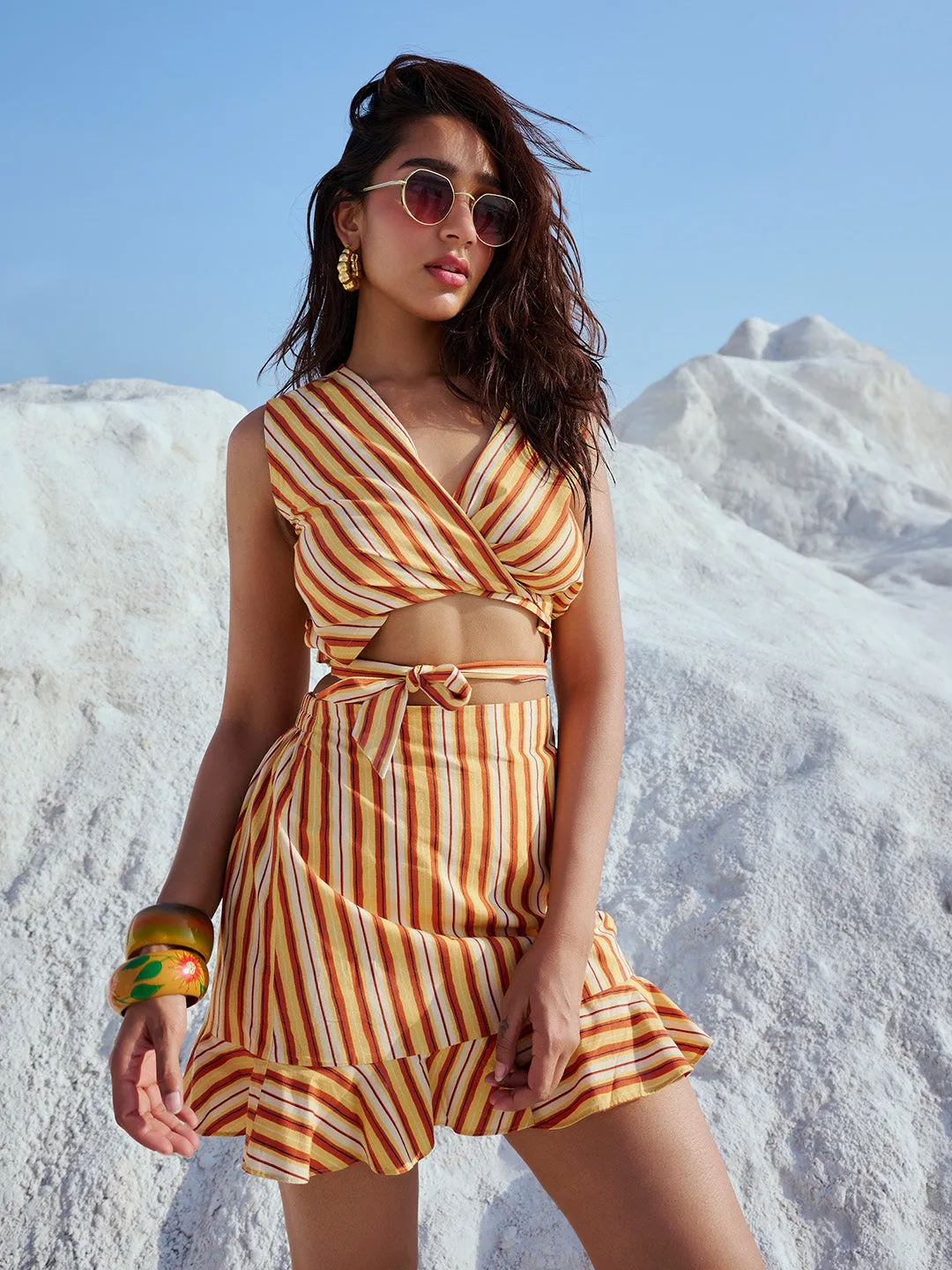 Yellow Cotton Striped Wrap Co-Ord Set